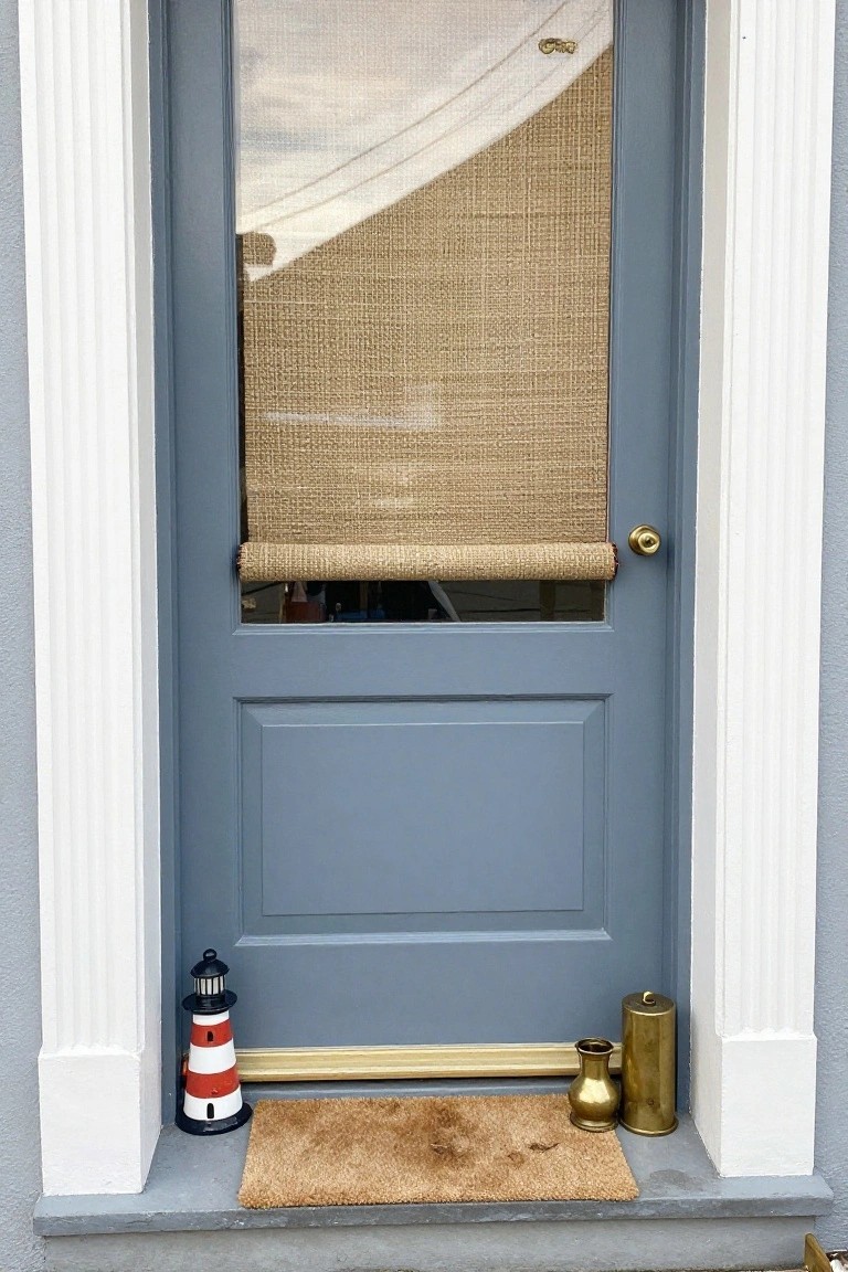 Blue front door with white columns on each side, beige woven roller blind lowered over the glass panel, small red and white lighthouse model on the step, two brass urns, gold threshold strip, and brown coir doormat.