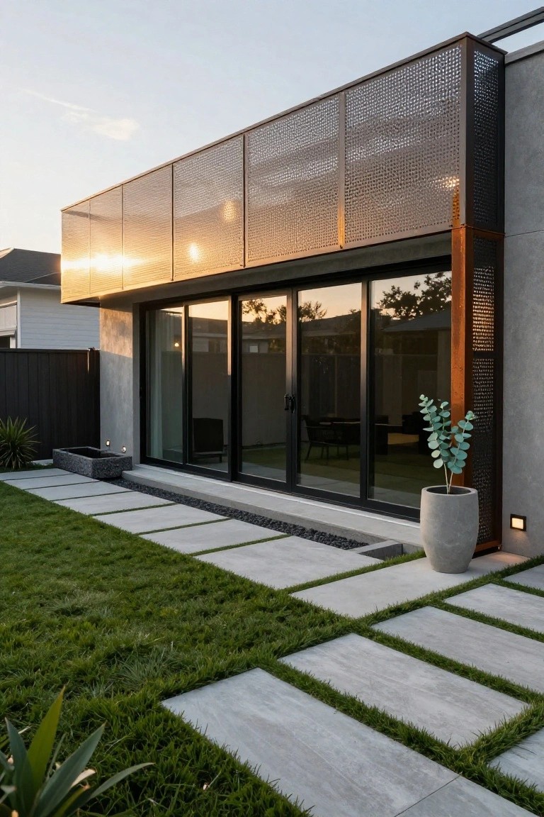 Side view of a modern house exterior with a perforated metal balcony screen above large black-framed sliding glass doors, concrete pathway with grass strips leading to the doors, potted plants, and a backyard fence at sunset.