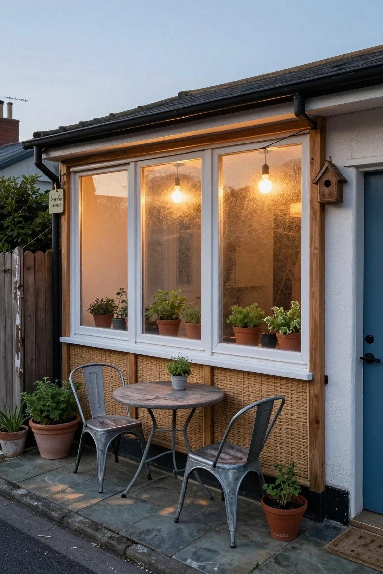 House exterior featuring a large triple window with potted plants on interior and exterior sills, additional plants in terracotta pots nearby, a small round table and two metal chairs on a stone path, hanging bulb lights, and a blue door.