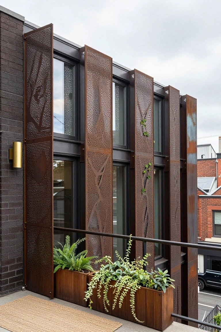Brick building exterior with rusted perforated metal screens over dark-framed windows, some screens open, wooden planters with ferns and vines on a balcony, seagrass rug on the terrace, and adjacent red brick buildings.