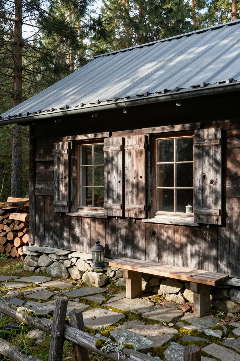 Rustic wooden cabin with open slatted shutters on two windows, a metal-roofed facade, lantern light, wooden bench, firewood stack, stone base, and surrounding pine trees on a stone-paver patio.