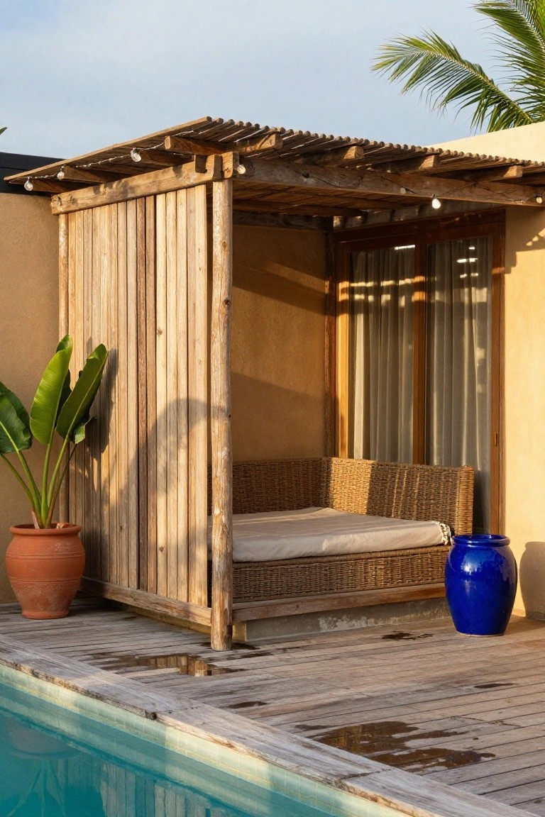 Wooden slatted cabana structure enclosing a rattan daybed on a deck beside a swimming pool, with potted plants, blue vase, and orange pot nearby.
