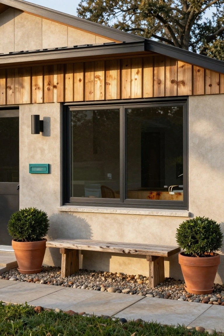 Side exterior of a stucco house wall with vertical wood accents, black-framed sliding window showing indoor kitchen glimpse, turquoise mailbox, double wall light, wooden bench, and two large terracotta pots with trimmed boxwood shrubs on gravel beside concrete pavers and grass.