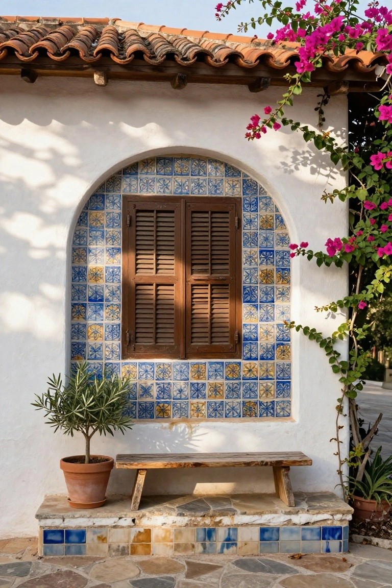 White stucco wall with arched window framed in blue and yellow patterned tiles, closed wooden shutters, potted olive tree, wooden bench, and pink bougainvillea vines on a stone platform with tiled base.
