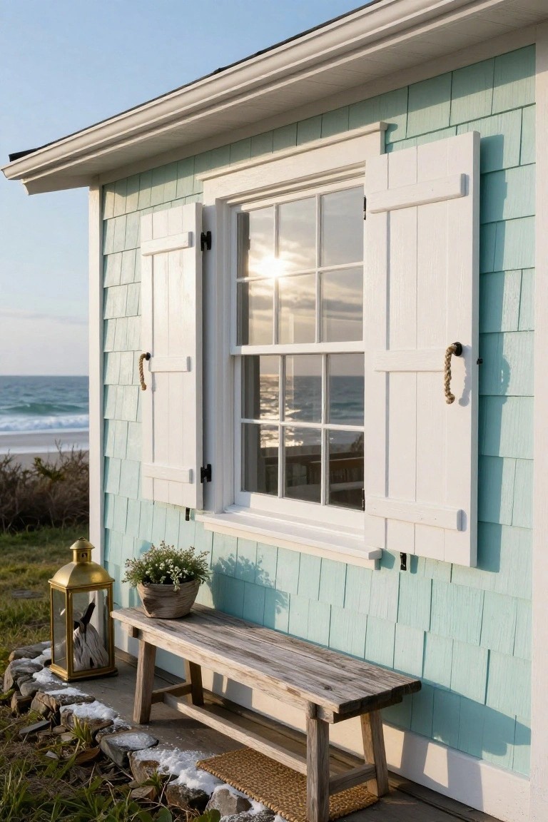 Mint green shingled house exterior wall with a six-pane double-hung window framed by two open white wooden shutters with rope handles, a gold lantern, potted plant, weathered wooden bench, and stone edging nearby, overlooking ocean waves and beach.