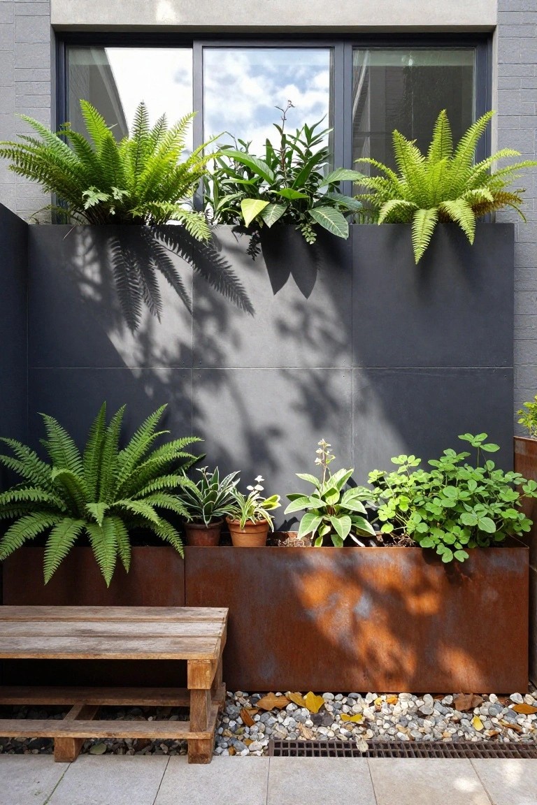 Gray modern exterior wall with sliding window screened by ferns in elevated black rectangular planters, additional potted plants, rust metal troughs, wooden pallet bench, and pebble ground cover on concrete paving.