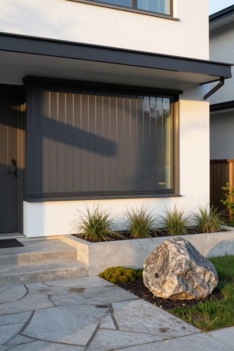 Modern white house exterior with dark vertical slatted privacy screen over a tall window beside the gray front door, concrete steps, planter box with grasses, large boulder, and flagstone path.