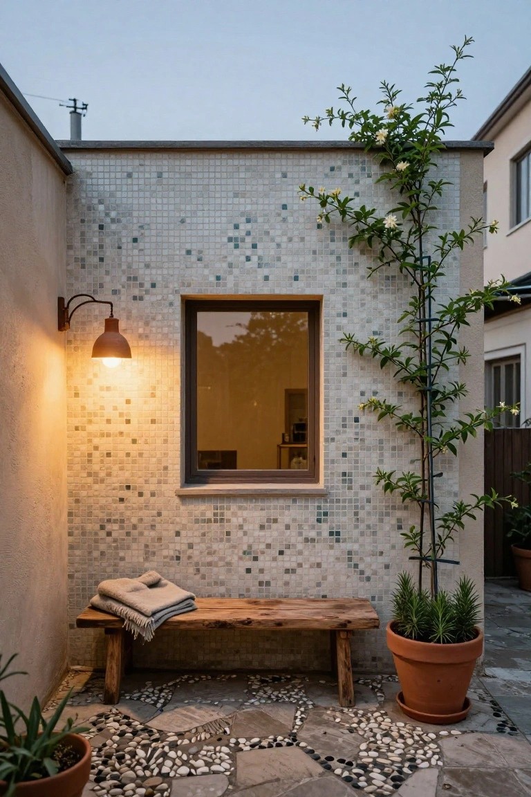 Outdoor courtyard corner with rustic wooden bench draped in a gray blanket, bronze wall lamp lit beside a square window on a gray mosaic-tiled wall covered in climbing vine with white flowers, potted plants, and pebble flooring.