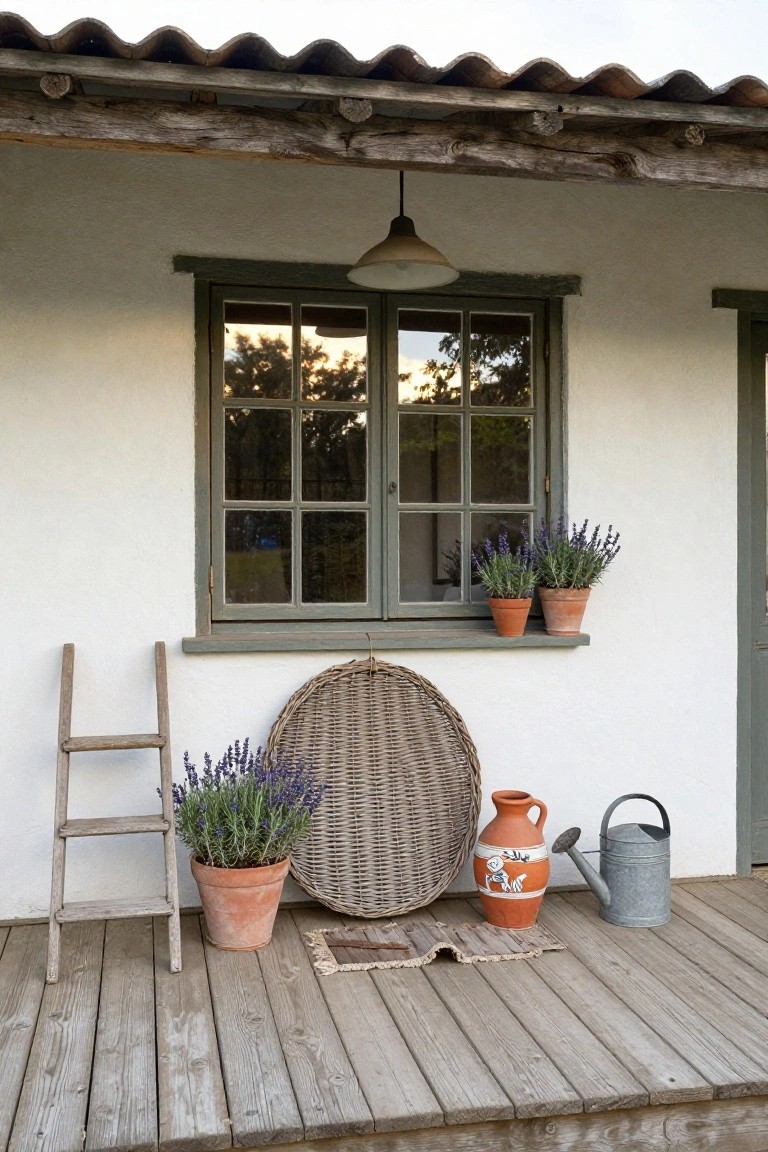 White stucco house wall with green wooden window frame, two small terracotta pots of lavender on the exterior sill, large round woven basket leaning on porch deck below window, wooden ladder, lavender plant in orange pot, two terracotta vases, metal watering cans, and doormat on weathered wood porch floor.