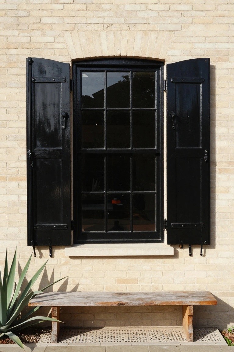 Beige brick wall with arched black-framed multi-pane window flanked by open black wooden shutters, weathered wooden bench, large agave plant, and pebbled ground in front.