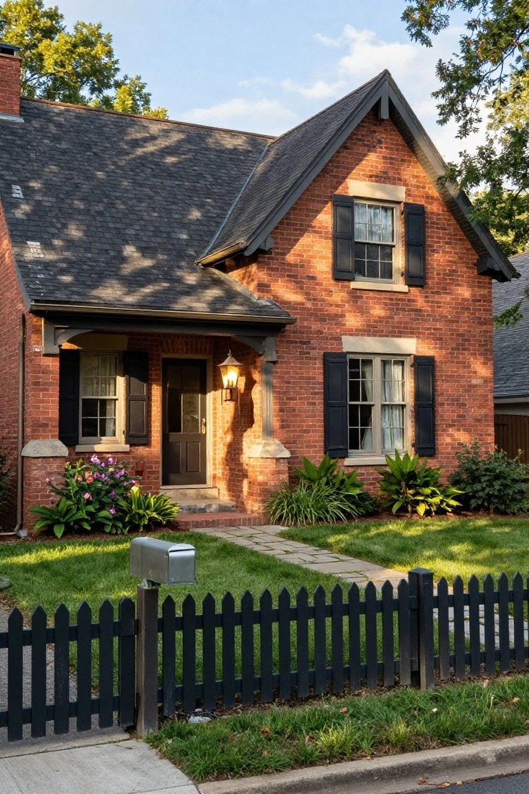 Red brick house with black window shutters, covered front porch, dark wood door, plants in front, silver mailbox, and black picket fence along the sidewalk.