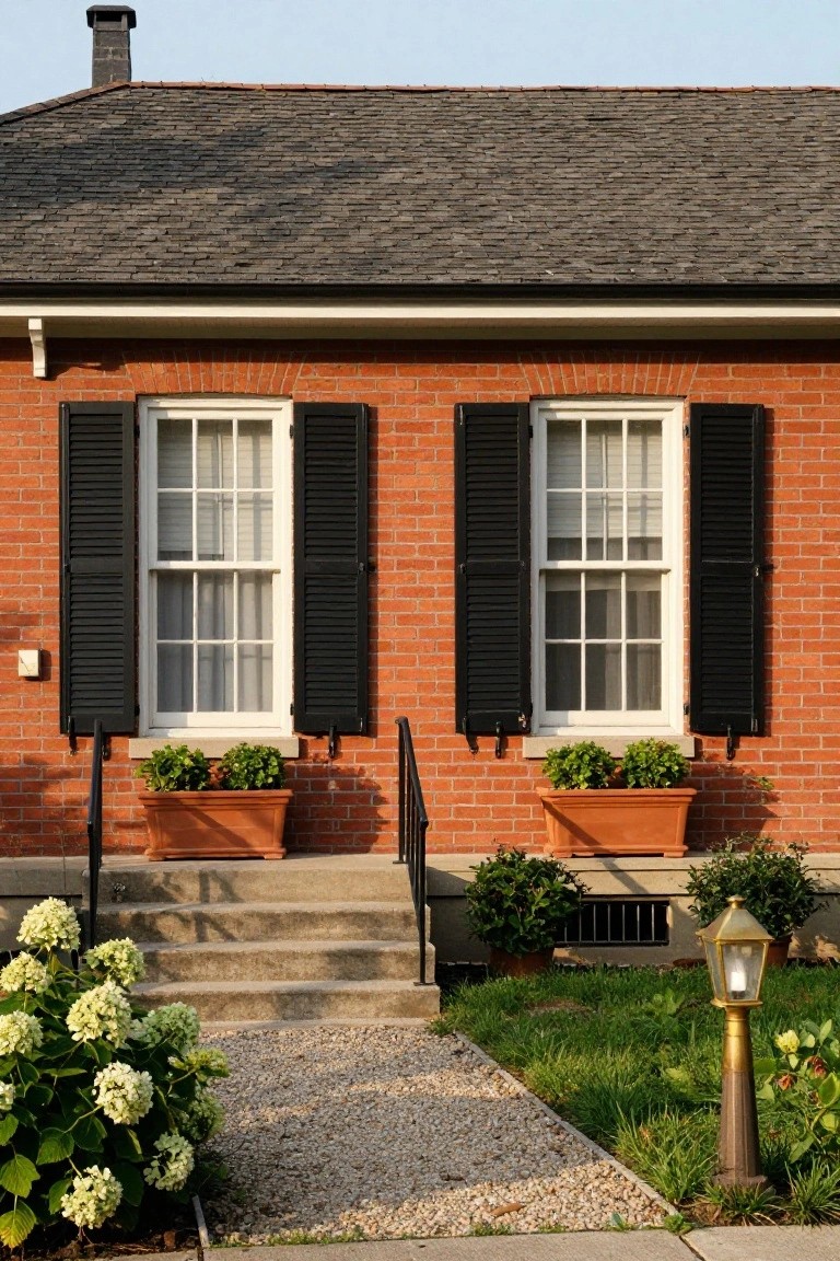 Brick house facade with two double-hung windows flanked by black louvered shutters, white frames, terracotta planters holding greenery on sills, black metal railings on concrete steps leading to entry, white hydrangeas, gravel path, grass, and brass outdoor lantern.