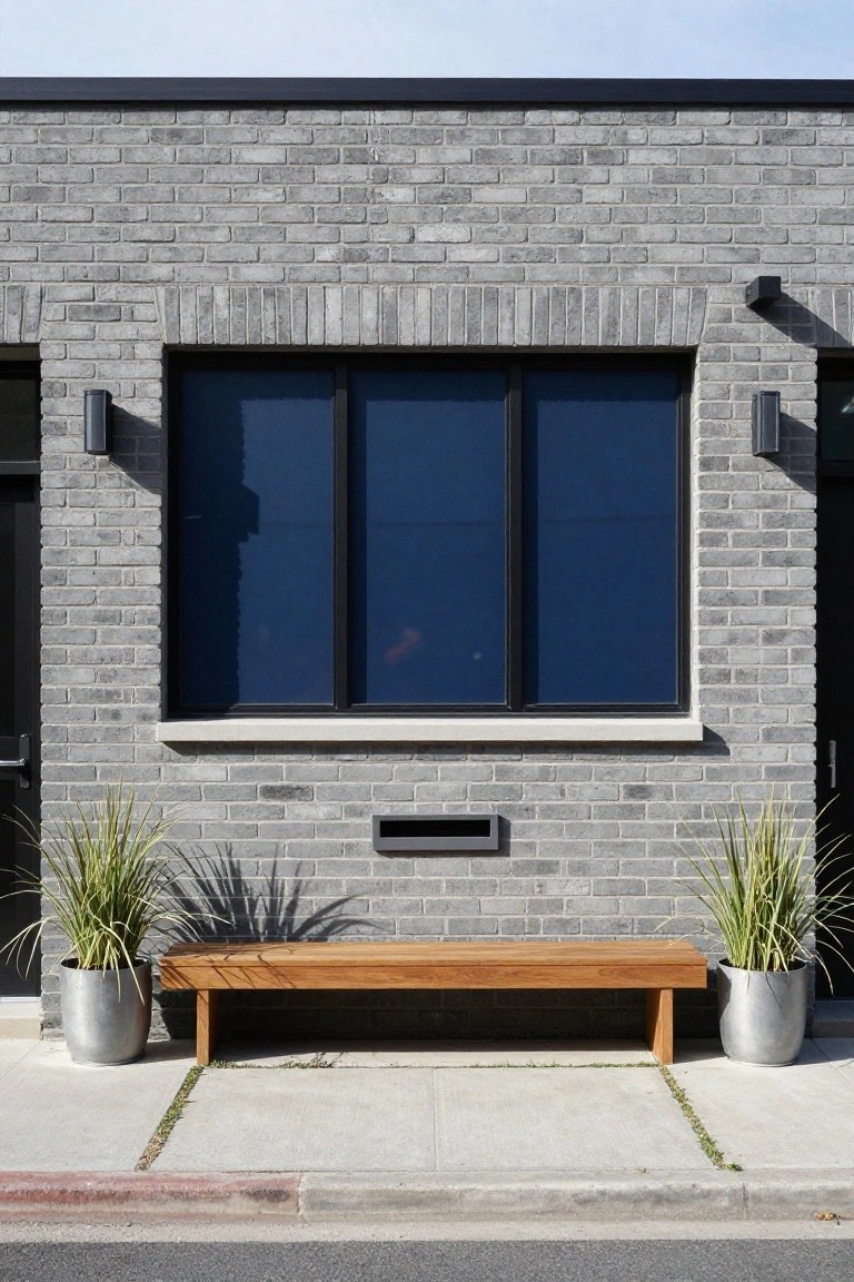 Gray brick house facade with large blue-tinted triple window flanked by black doors, exterior lights, wooden bench, and potted grasses on concrete sidewalk