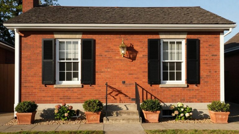 22 Exterior Window Shutters On Brick Homes That Pop With Contrast Brick house facade with two double-hung windows flanked by black louvered shutters, white frames, terracotta planters holding greenery on sills, black metal railings on concrete steps leading to entry, white hydrangeas, gravel path, grass, and brass outdoor lantern.