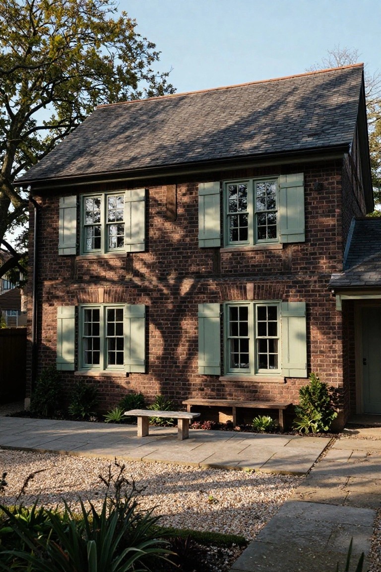 Green Shutters on Brick House Facades