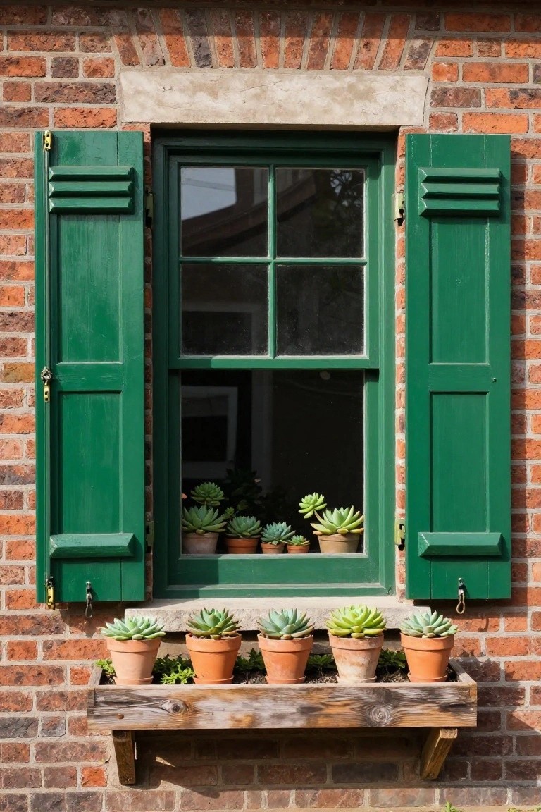Red brick exterior wall with a six-pane window framed by open green wooden shutters, potted succulents on the interior sill and in a wooden window box mounted below.