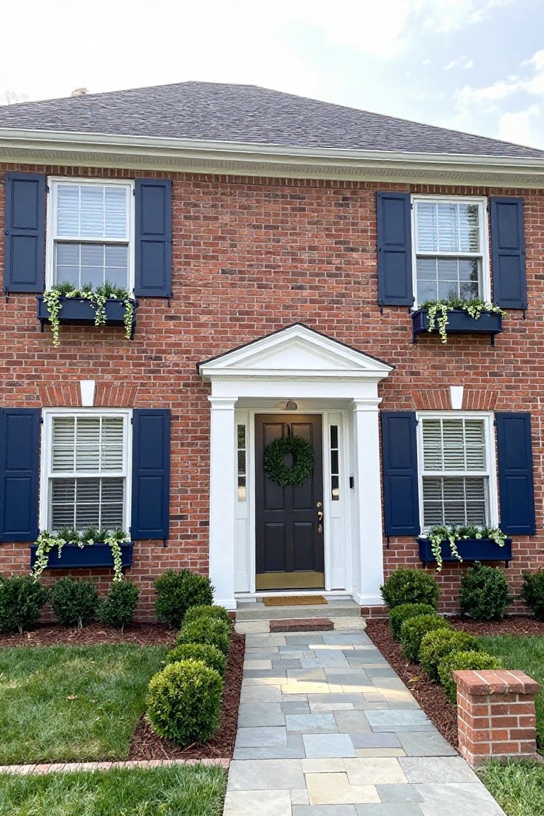 Two-story red brick house with navy blue louvered shutters on white-framed windows, navy window boxes with trailing greenery, dark wood front door with green wreath under white pediment, boxwood shrubs along slate walkway, and green lawn.