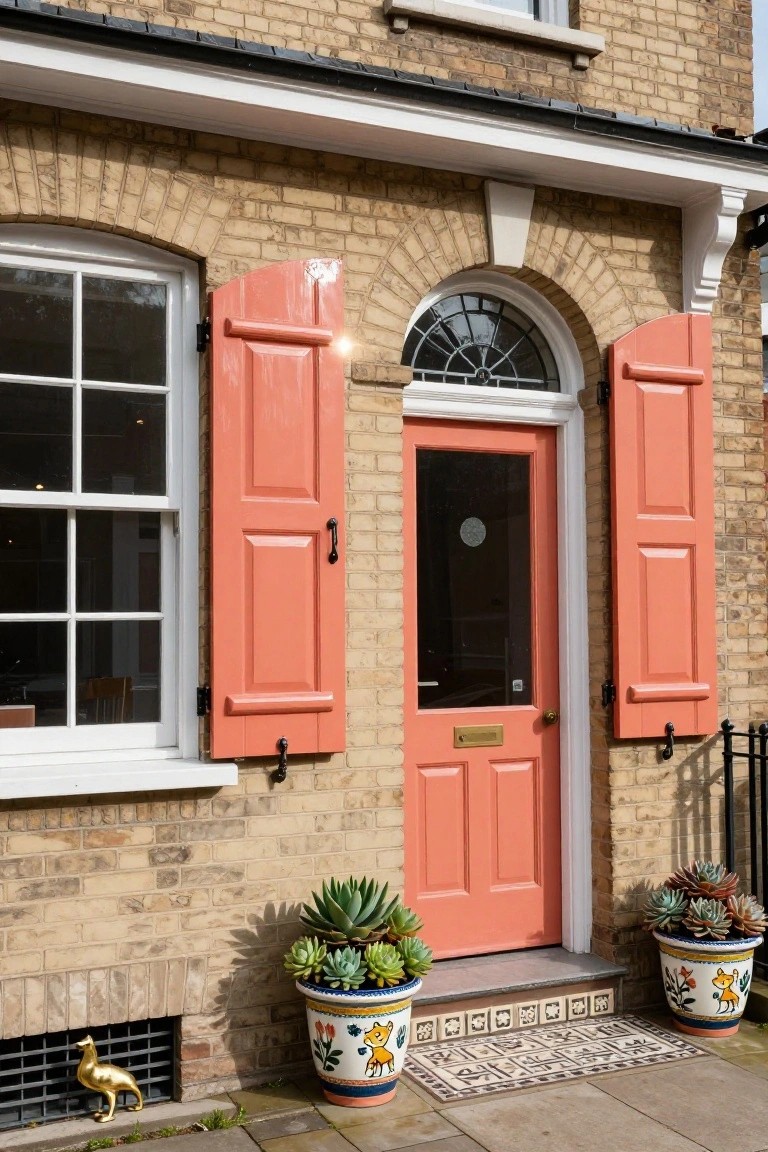 Yellow brick house exterior featuring open orange shutters beside a multipaned window and coral front door, with potted succulents flanking stone steps and a brass letterbox.