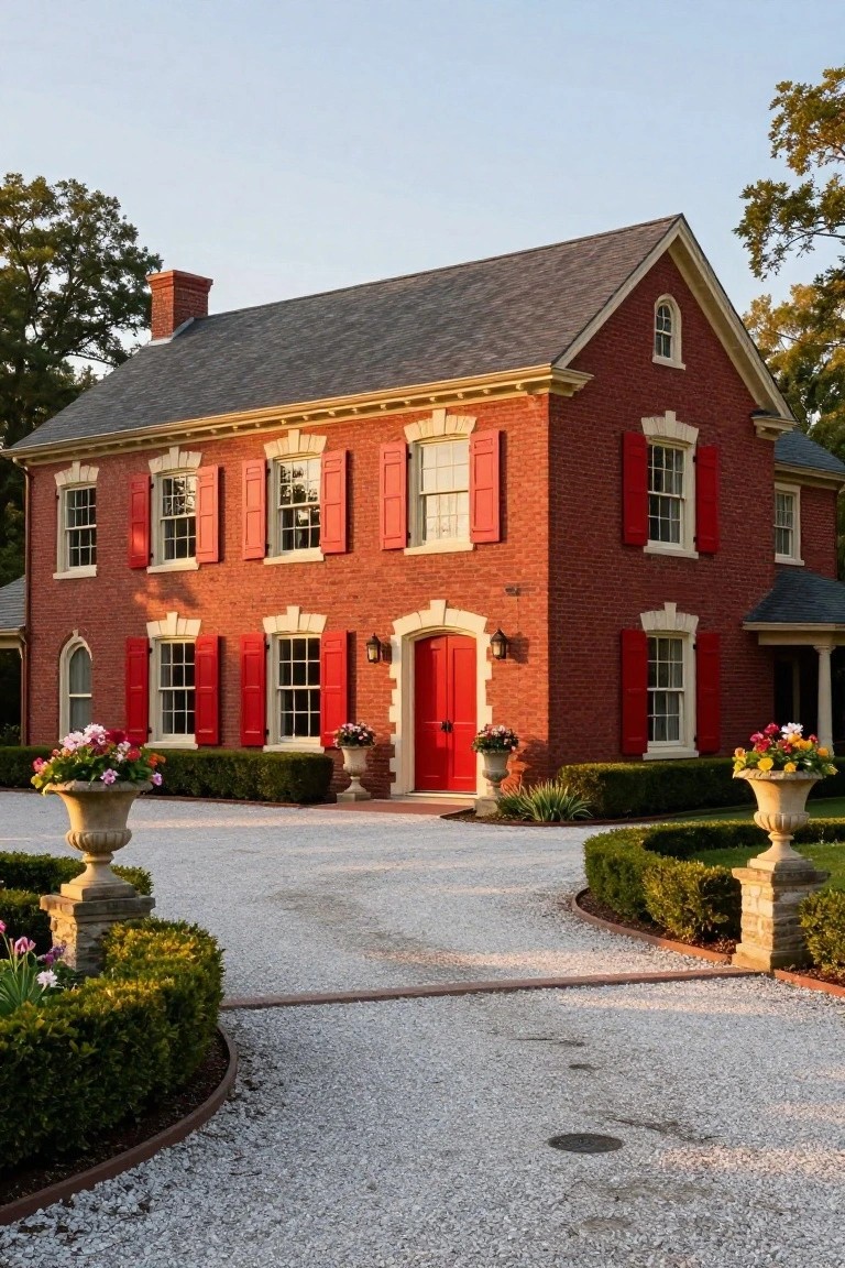 Two-story red brick house with multiple red shutters on white-trimmed windows, red front door, lanterns, potted plants, boxwoods, and gravel driveway.