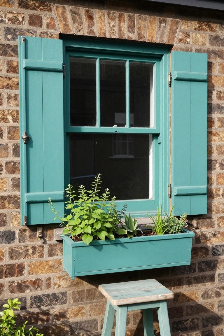 Teal shutters frame a multi-pane window on a textured brick wall, with a matching teal window box containing herbs and succulents, and a small teal stool positioned below.