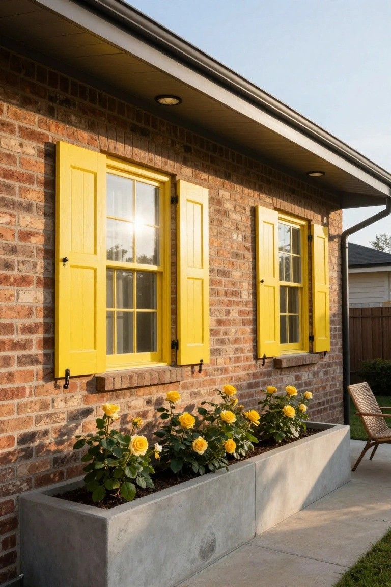 Brick house exterior wall with two double-hung windows framed by open yellow shutters, yellow roses in a long concrete planter box below the windows, a wicker chair nearby, and an overhanging roof with recessed lights.