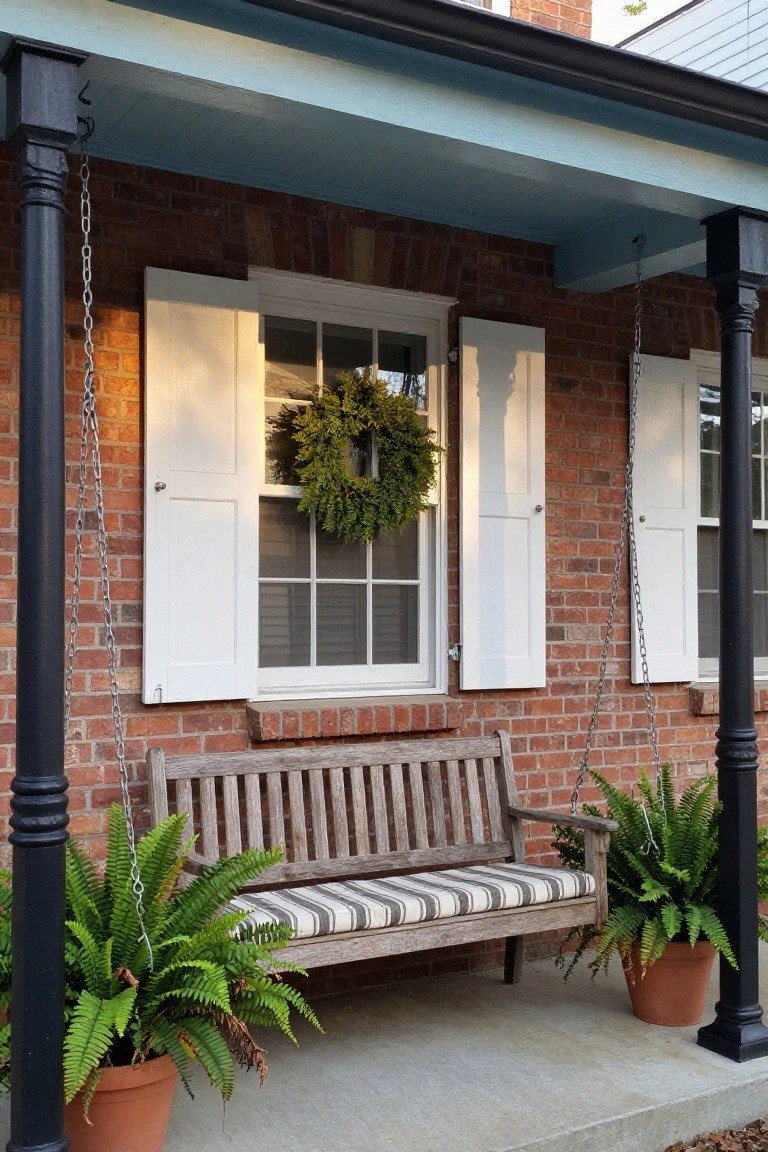 Brick porch of a house with hanging wooden swing bench on chains between black columns, white louvered shutters partially open on double-hung windows with green wreath on one, potted ferns flanking the swing, blue ceiling overhead.