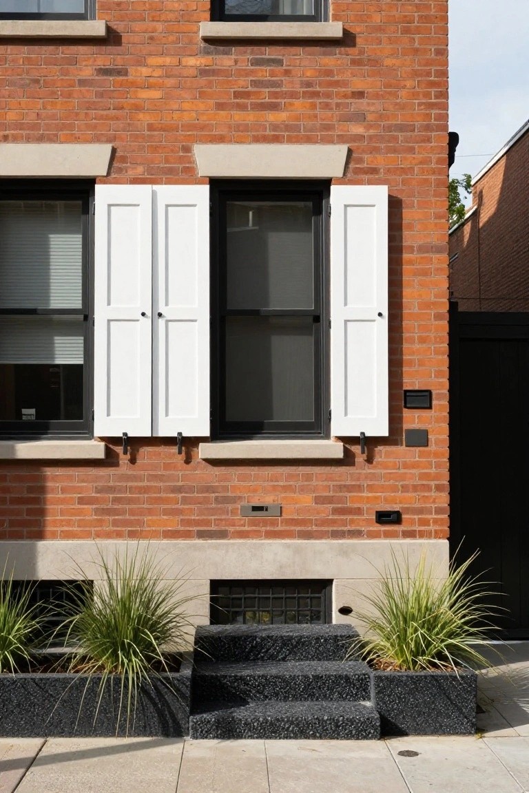 Corner of a red brick house with white louvered shutters on black-framed double windows, black entry steps, and grasses in black planters at the base.