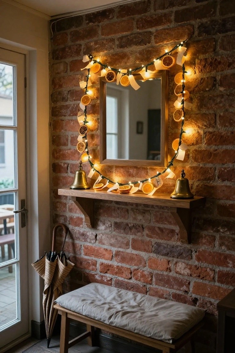 Brick wall interior with wooden shelf holding brass bells and dried orange slices, oval mirror framed by fairy light garland with dried oranges and paper tags, wooden bench with cushion, umbrellas, and glass door nearby.