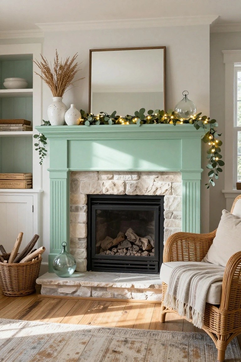 Sage green painted fireplace mantel with stone hearth and active fire, decorated with eucalyptus garland strung with fairy lights, white dotted vases holding pampas grass, a glass orb vase, framed mirror above, and wicker armchair with cream throw nearby on wood floor.