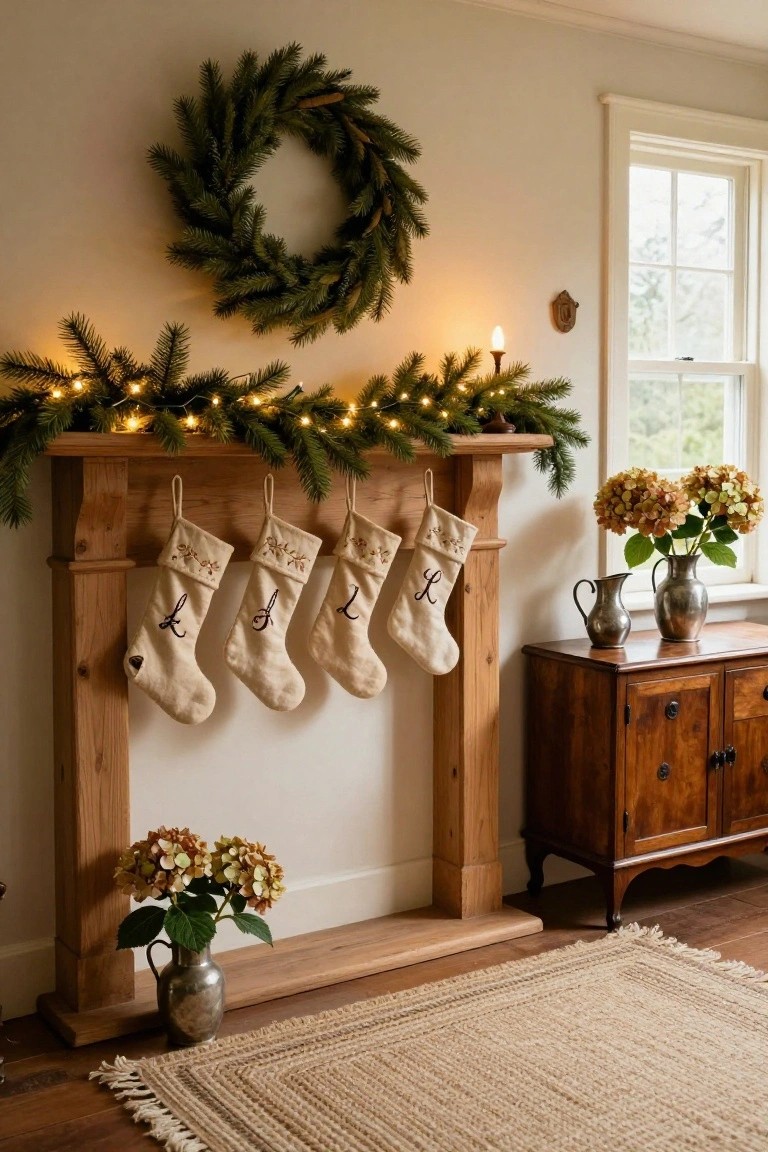 Wooden fireplace mantel with draped evergreen garland strung with fairy lights, four cream monogrammed stockings hanging from hooks, potted hydrangeas in silver pitchers on either side, and a window in the background.