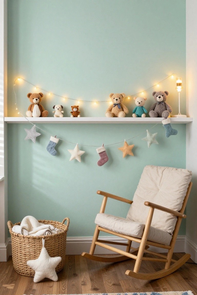 Mint green wall with white shelf displaying stuffed bears and puppy under fairy lights, garland of fabric stars and stockings hanging below shelf, wooden rocking chair and wicker basket with blankets nearby.