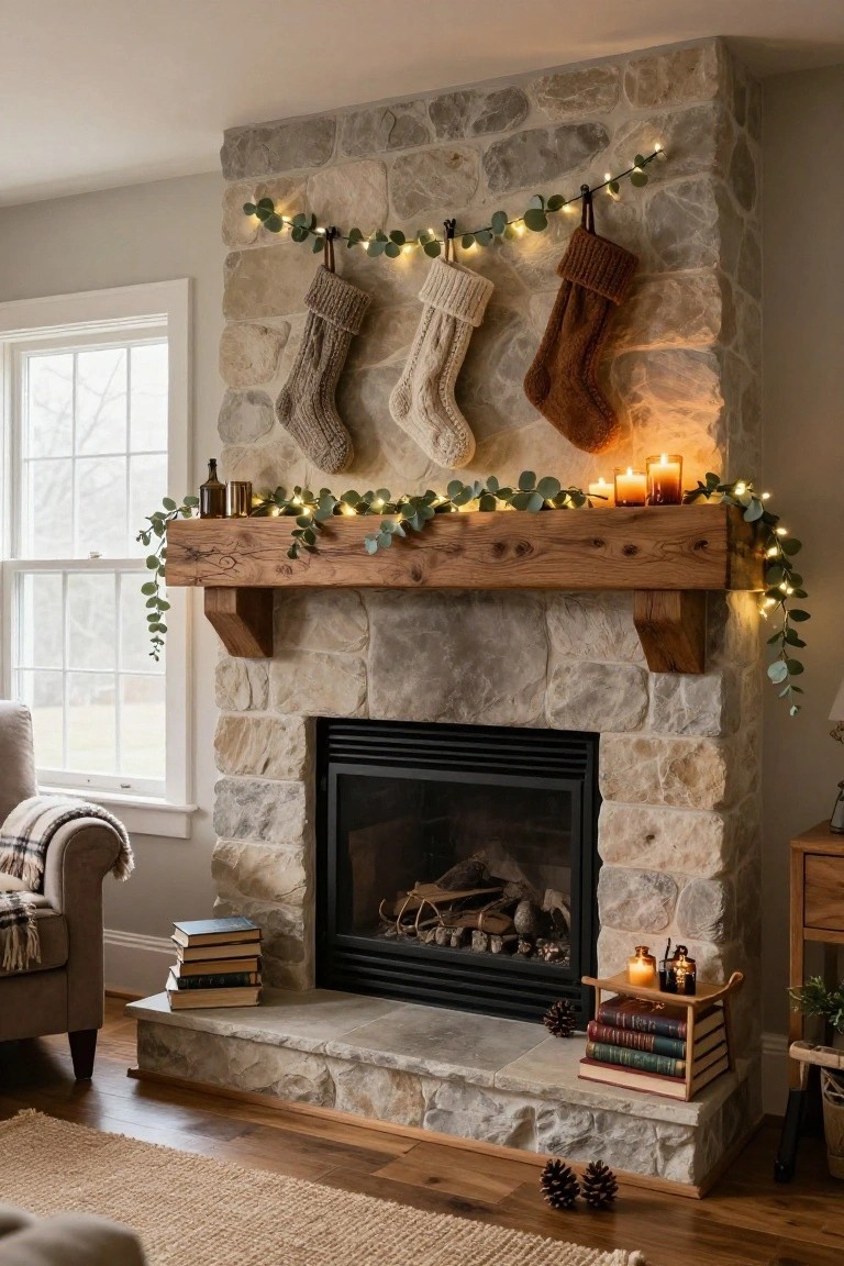 A rustic wooden mantel over a stone fireplace decorated for Christmas with eucalyptus garland strung with fairy lights, hanging white and brown knit stockings, pillar candles, glass bottles, and stacks of books on the hearth in a living room.