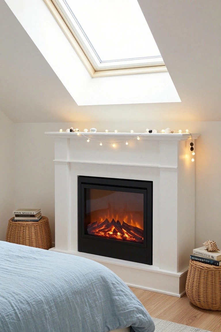 Attic bedroom with white wood mantle over black electric fireplace decorated by string fairy lights and small white and black egg-shaped ornaments, blue linen bed nearby, skylight above, wicker stools holding stacked books on wood floor.
