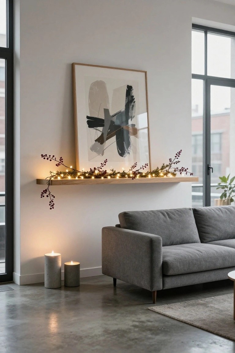 Modern living room corner featuring a floating wooden shelf with fairy lights and red berry branches, large abstract artwork above, gray sofa, two lit concrete candles on the floor, and polished concrete flooring.
