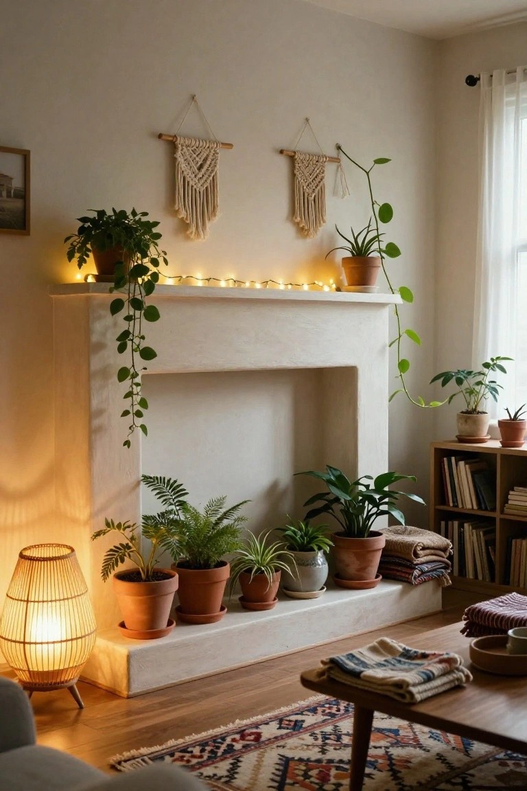 Living room fireplace mantel lined with potted plants and trailing vines, fairy lights strung along the edge, macrame wall hangings above, a woven floor lamp nearby, bookshelves to the side, and a woven rug on the wood floor.