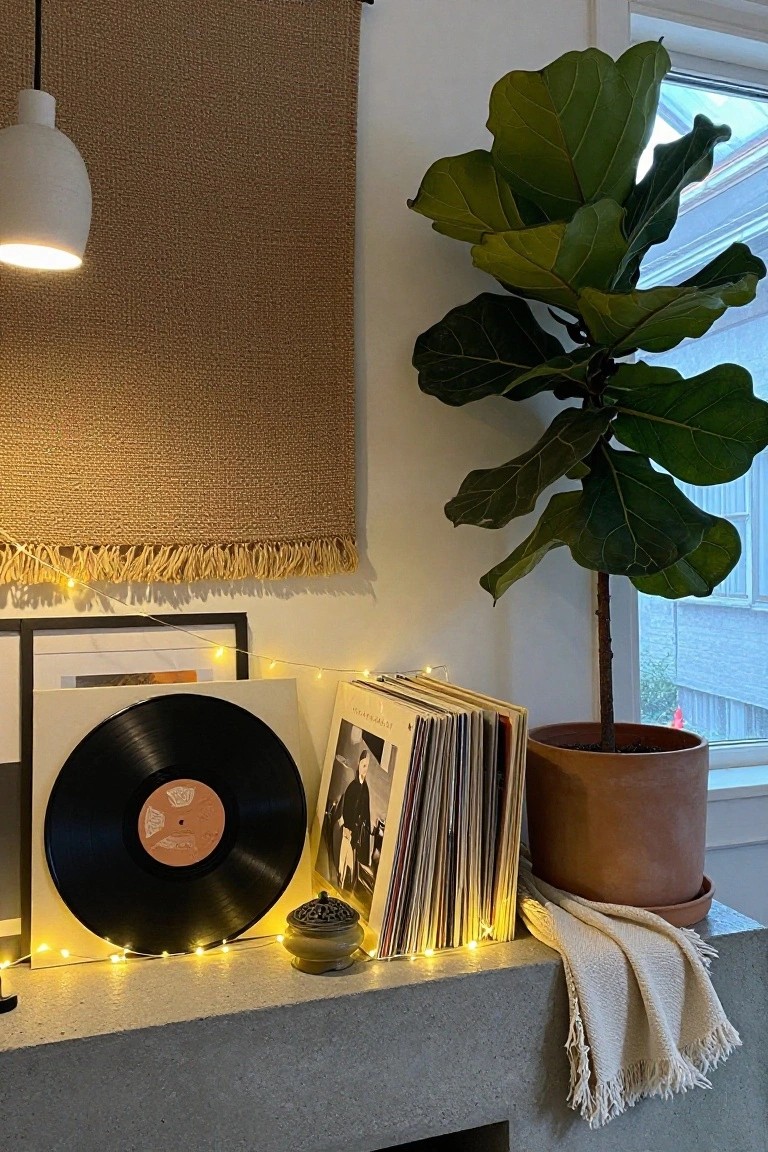 Concrete mantel shelf holding stacked vinyl records, a prominent black record on a white sleeve, fairy lights strung along the edge, a small incense burner, and a tall fiddle leaf fig plant in a terracotta pot next to a woven throw.
