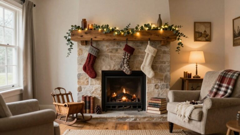 A rustic wooden mantel over a stone fireplace decorated for Christmas with eucalyptus garland strung with fairy lights, hanging white and brown knit stockings, pillar candles, glass bottles, and stacks of books on the hearth in a living room.