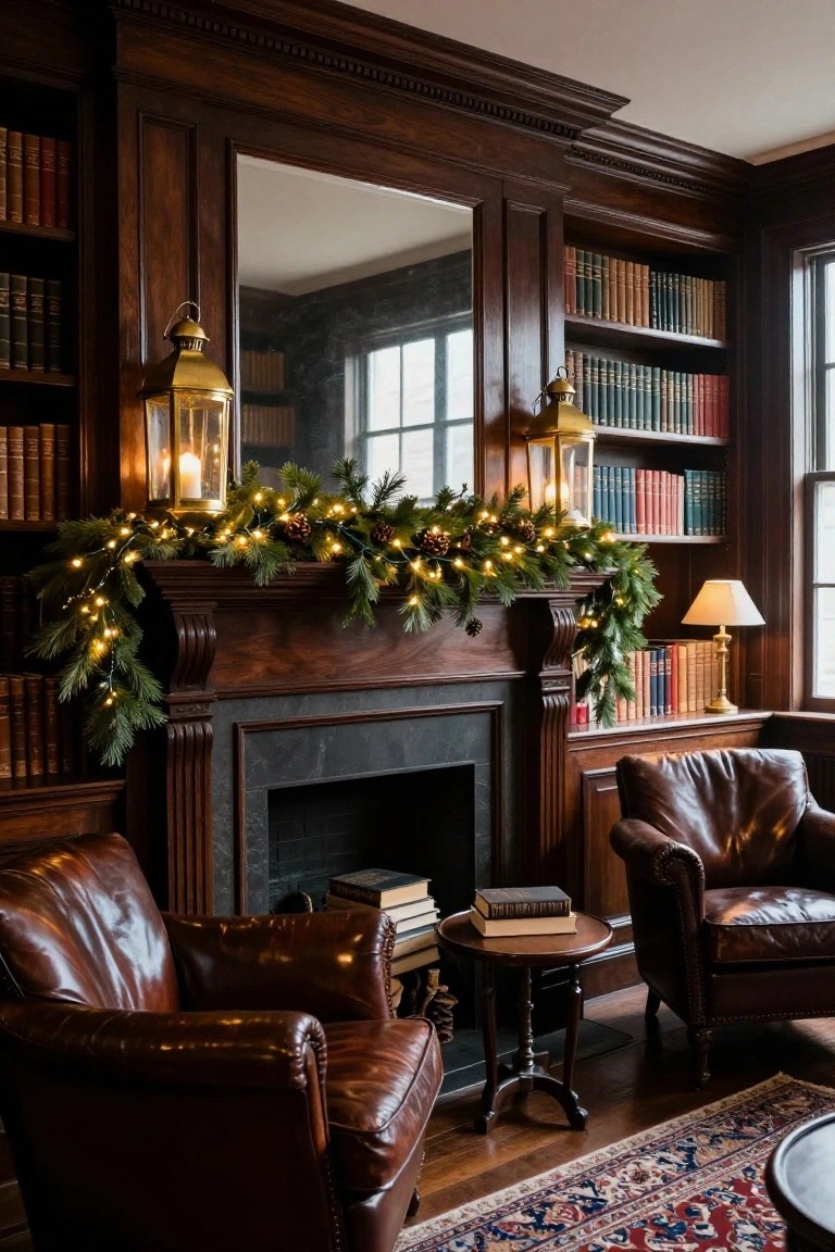 Wood-paneled library room with dark bookshelves, mirrored cabinet, fireplace mantel draped in pine garland with fairy lights, leather armchairs, side table with books, and brass lanterns.