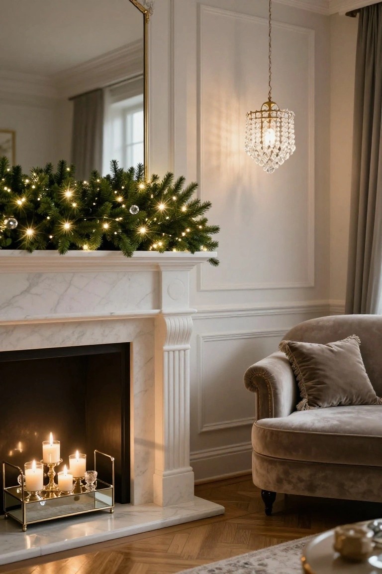 White marble fireplace mantel decorated with lush evergreen garland strung with fairy lights, brass tray holding multiple lit candles inside the dark firebox, gold-framed mirror above, crystal chandelier pendant, and tufted velvet armchair nearby on hardwood floor.