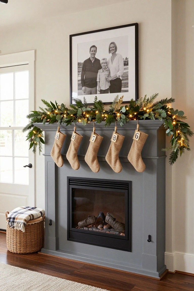 Gray stone fireplace mantel with draped evergreen and eucalyptus garland strung with white fairy lights, five tan burlap stockings labeled 3, 6, 7, 8, and 9 hanging from the garland, family photo in black frame on wall above, lit gas fire in fireplace, wicker basket with plaid blanket on floor beside.