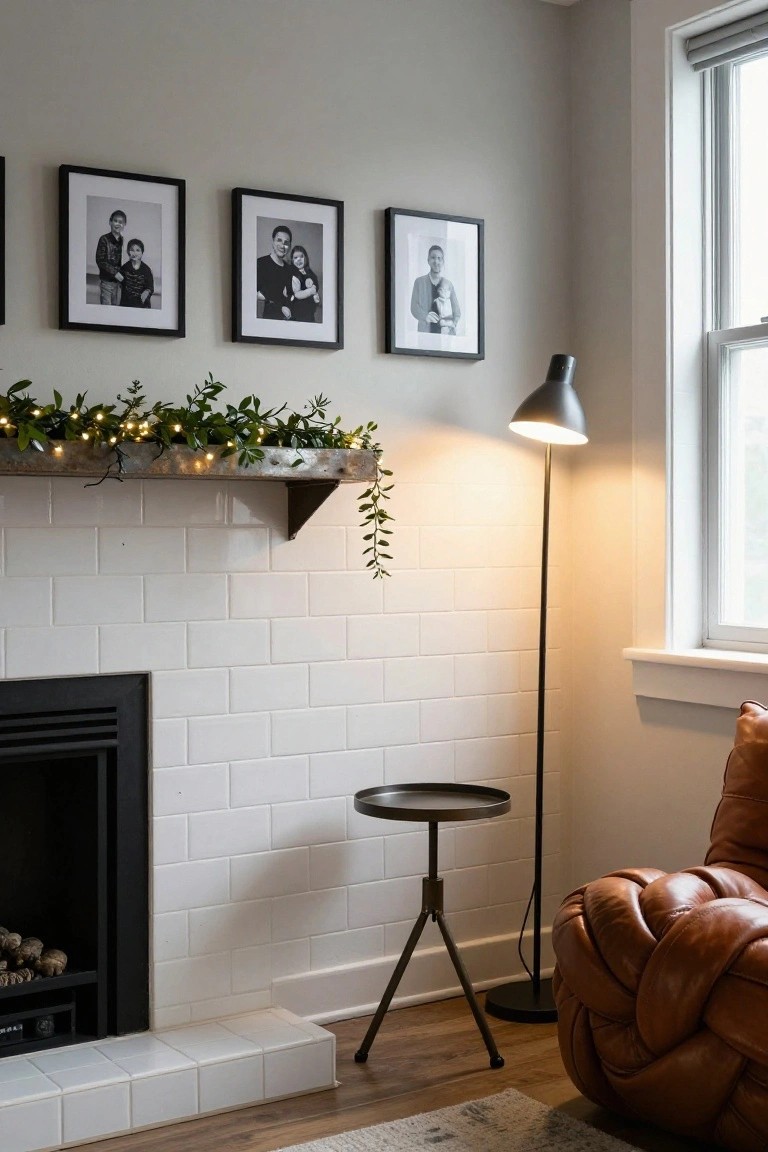 A corner of a living room featuring a white subway tile fireplace with a rustic metal trough garland strung with fairy lights on the mantel, three black-framed family photos above, a black floor lamp, metal side table, and tufted leather chair.