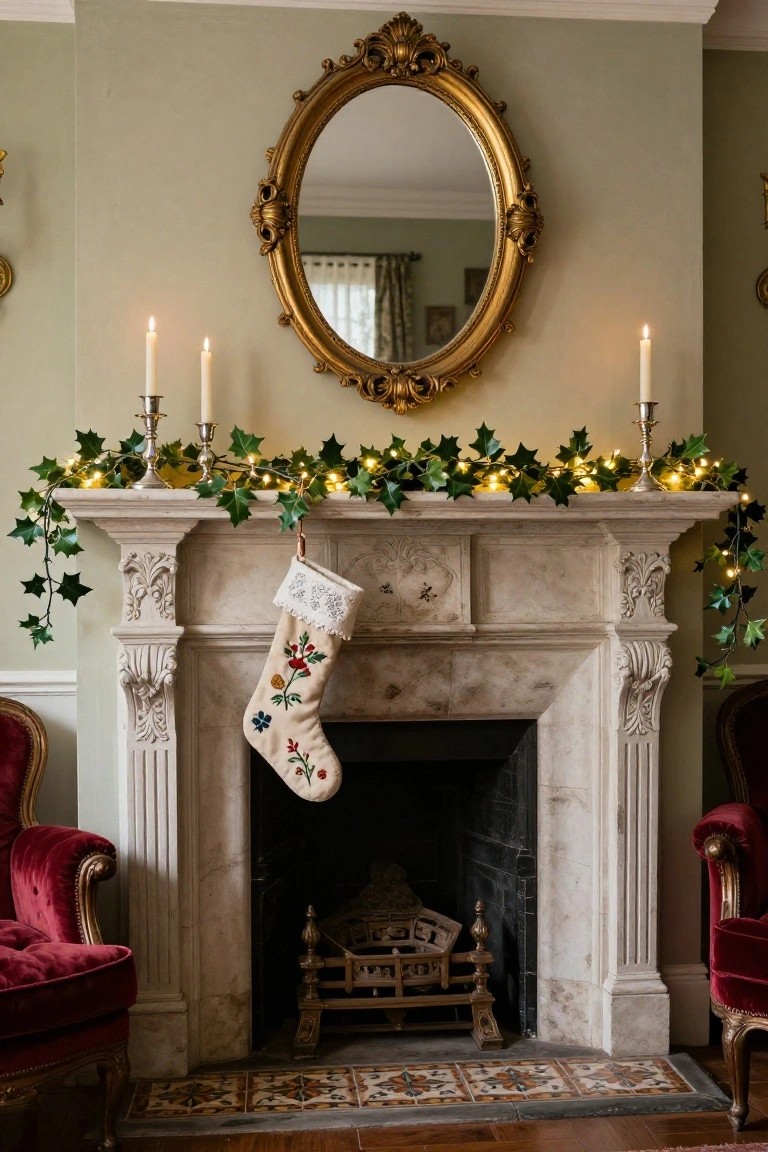 A marble fireplace mantel decorated with trailing ivy garland strung with white fairy lights, a cream stocking with floral embroidery hanging from the side, flanked by pairs of lit white candles in silver holders, ornate gold mirror above, red velvet armchairs on either side in a pale green room.