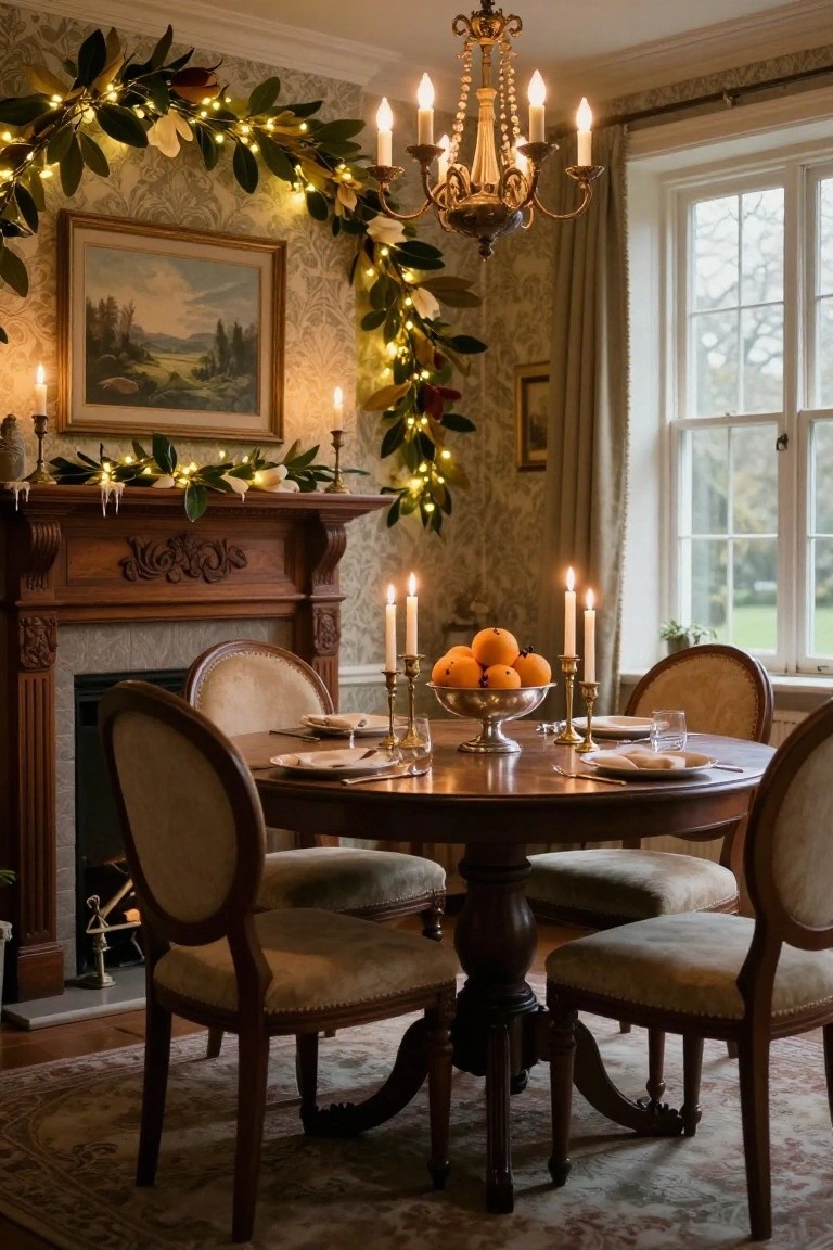 A warmly lit dining room with a wooden fireplace mantel decorated in green magnolia garland strung with fairy lights, flanked by candles, above a round wooden table set with plates, silver bowl of oranges, and upholstered chairs.