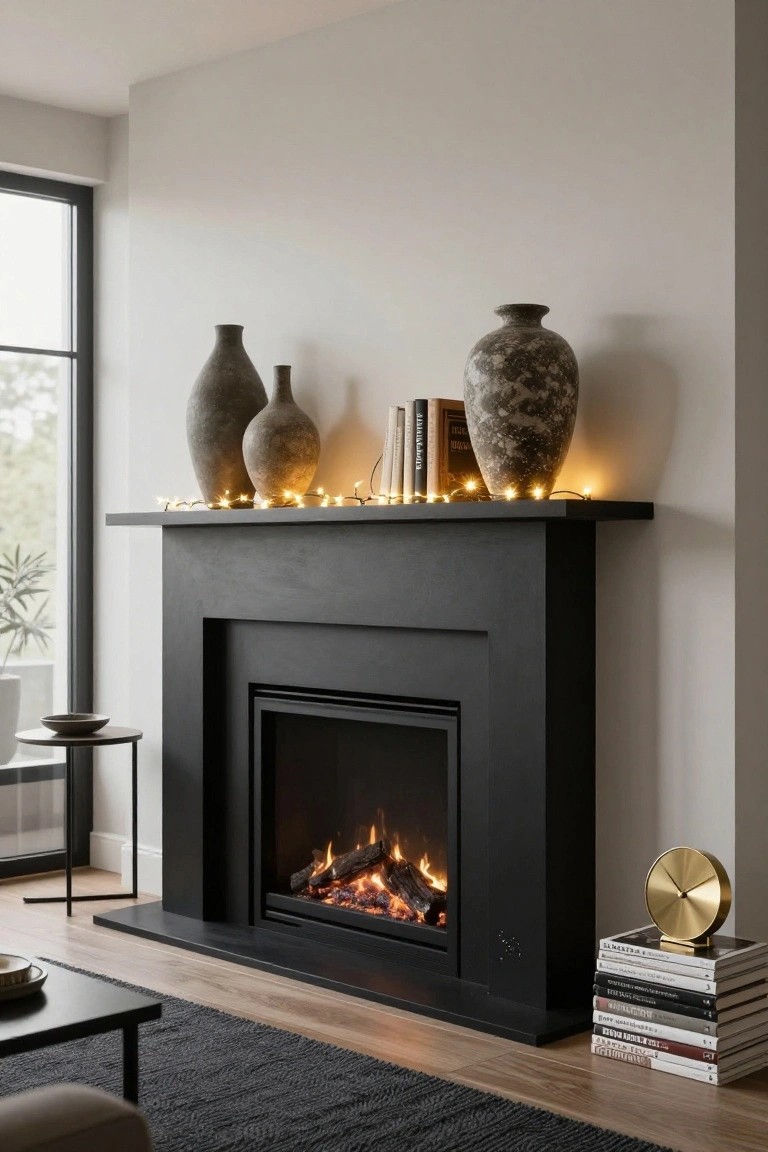 Modern interior with black gas fireplace and mantel shelf decorated with two large textured ceramic vases, books, and fairy lights strung along the shelf, beside a window, side table, and low coffee table on wood floors.