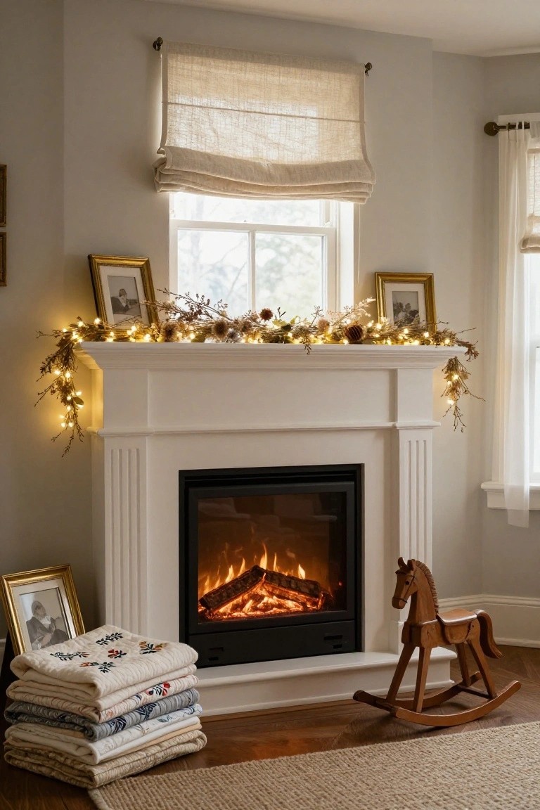 White fireplace mantel decorated with fairy lights woven through dried branches, pinecones, and garlands, with framed photos on top; lit gas fire below, stacked quilts and wooden rocking horse nearby in a light gray room with linen curtains.