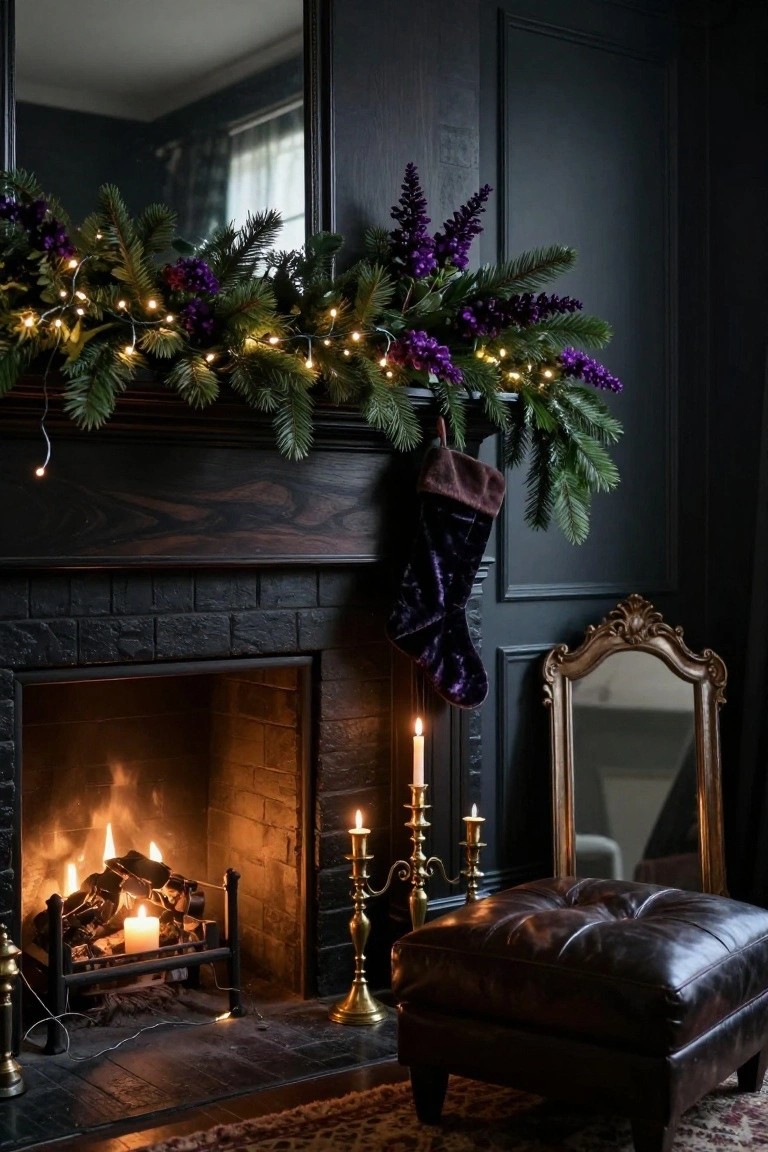 Dark wood fireplace mantel decorated with evergreen garland, purple lavender flowers, fairy lights, and a purple velvet stocking hanging from it, flanked by candles and a gold mirror in a black-walled room with a fire burning.