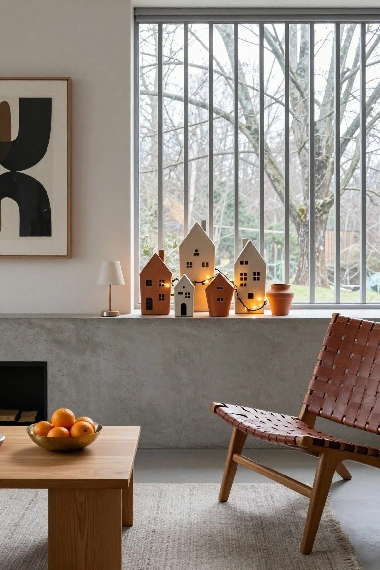 Modern living room interior showing small ceramic houses in white and terracotta with fairy lights strung through them on a concrete ledge by a large window, wooden coffee table with oranges, tan leather chair, and fireplace.