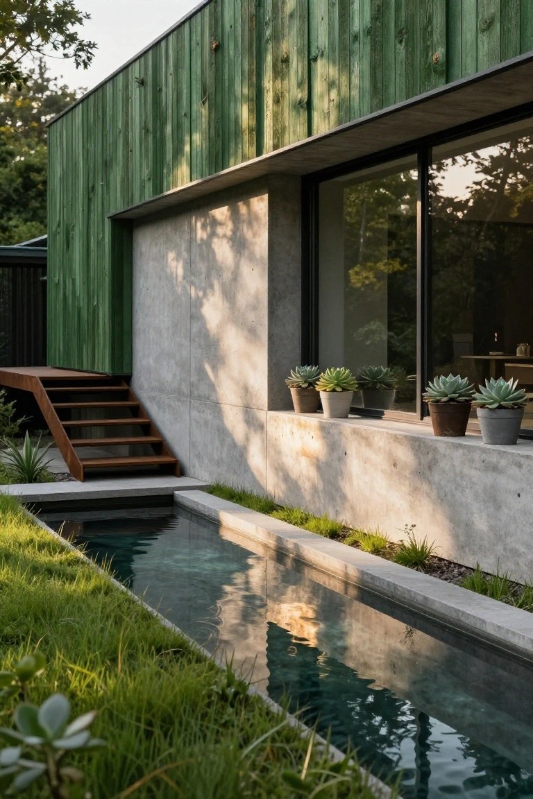 Modern house exterior with dark green vertical timber cladding on one side, light gray concrete on the other, a large window ledge holding potted succulents, metal stairs leading up, and a narrow reflecting pool edged in grass at the base.