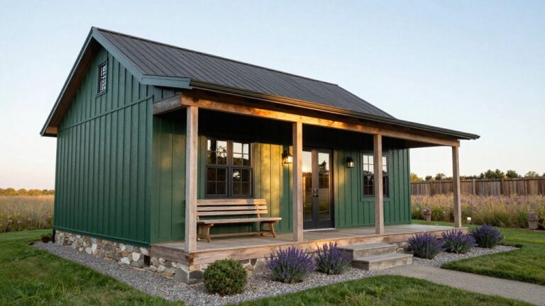 Forest green board-and-batten sided house with wooden porch posts and beams, a live-edge wooden bench on the deck, lantern light, and a stone path with gravel edging and plants in the foreground.