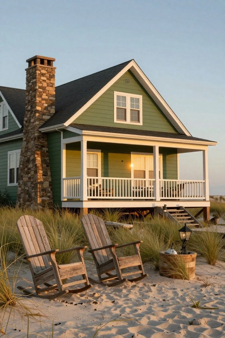 A two-story forest green shingle house elevated on pilings amid sand dunes and sea grass, with a stone chimney, wraparound porch, wooden steps, two Adirondack chairs, and a lantern on the beach.